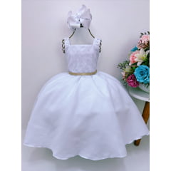 Vestido Infantil Branco Bolinhas Aplique Festa Strass Luxo