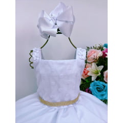 Vestido Infantil Branco Bolinhas Aplique Festa Strass Luxo