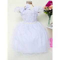 Vestido Infantil Branco Renda Cinto Pérolas e Bico de Pato