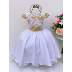 Vestido Infantil Branco Renda Dourada Cinto Strass Luxo