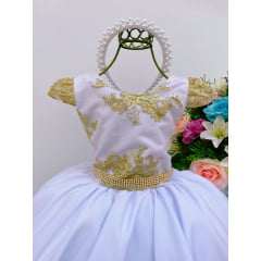Vestido Infantil Branco Renda Dourada Cinto Strass Luxo