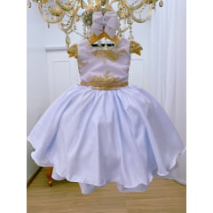 Vestido Infantil Branco Renda Dourada Cinto Strass Luxo