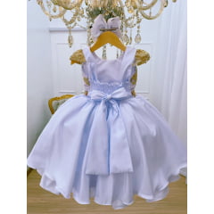 Vestido Infantil Branco Renda Dourada Cinto Strass Luxo