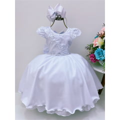 Vestido Infantil Branco Renda e Aplique de Flores C/ Pérolas