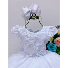 Vestido Infantil Branco Renda e Aplique de Flores C/ Pérolas
