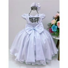 Vestido Infantil Branco Renda e Aplique de Flores C/ Pérolas