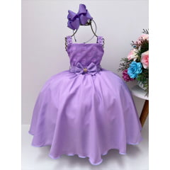 Vestido Infantil Lilás com Laço e Bolinhas Luxo Festa