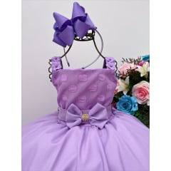 Vestido Infantil Lilás com Laço e Bolinhas Luxo Festa