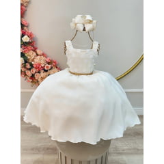 Vestido Infantil Marfim Bolinhas Aplique Festa Strass Luxo