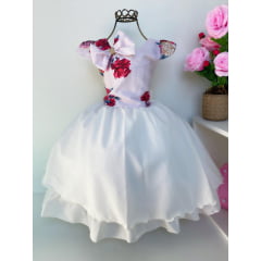Vestido Infantil Marfim Floral Luxo Laço Cabelo Princesas
