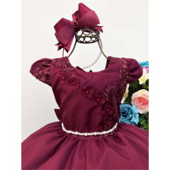 Vestido Infantil Marsala Renda e Aplique de Flores Pérolas