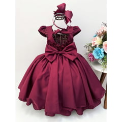 Vestido Infantil Marsala Renda e Aplique de Flores Pérolas