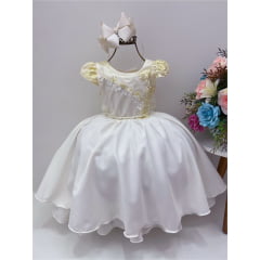 Vestido Infantil Off Laço e Renda Aplique Flores Pérola Luxo