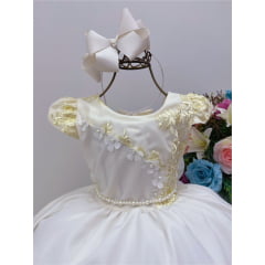 Vestido Infantil Off Laço e Renda Aplique Flores Pérola Luxo