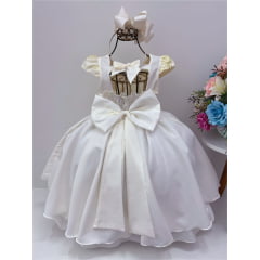 Vestido Infantil Off Laço e Renda Aplique Flores Pérola Luxo