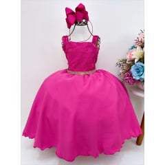 Vestido Infantil Pink Bolinhas Aplique de Flores Strass