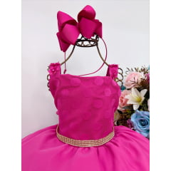 Vestido Infantil Pink Bolinhas Aplique de Flores Strass
