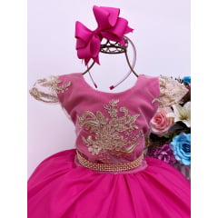 Vestido Infantil Pink Renda Dourada Cinto Strass Luxo
