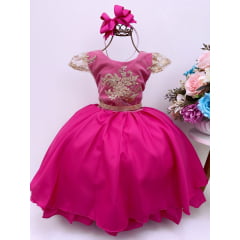 Vestido Infantil Pink Renda Dourada Cinto Strass Luxo