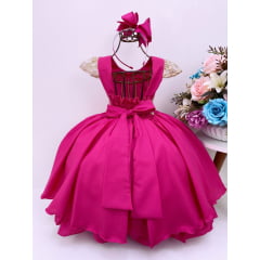 Vestido Infantil Pink Renda Dourada Cinto Strass Luxo