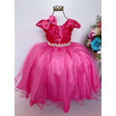 Vestido Infantil Pink Renda e Cinto Pérolas com Laço Cabelo