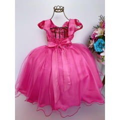 Vestido Infantil Pink Renda e Cinto Pérolas com Laço Cabelo
