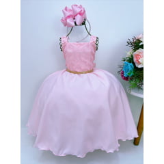 Vestido Infantil Rosa Bolinhas Aplique Flores Strass