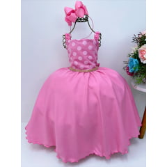 Vestido Infantil Rosa Chiclete Bolinhas Aplique Flores Strass