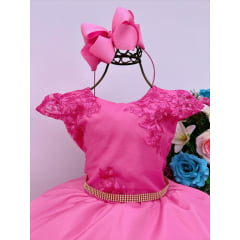 Vestido Infantil Rosa Chiclete Renda Cinto Strass Luxo Damas