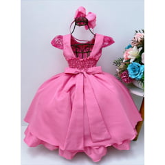 Vestido Infantil Rosa Chiclete Renda Cinto Strass Luxo Damas