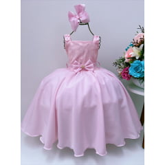Vestido Infantil Rosa com Laço C/ Bolinhas Luxo Festas