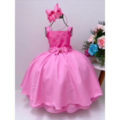 Vestido Infantil Rosa com Laço e Bolinhas Luxo Festa