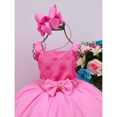 Vestido Infantil Rosa com Laço e Bolinhas Luxo Festa
