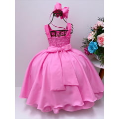 Vestido Infantil Rosa com Laço e Bolinhas Luxo Festa
