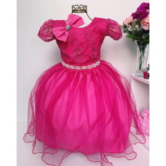 Vestido Infantil Pink com Renda Cinto Pérolas e Bico de Pato