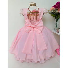 Vestido Infantil Rosa com Renda Cinto Strass e Bico de Pato