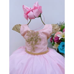 Vestido Infantil Rosa Renda Dourada Cinto Strass Luxo