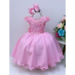 Vestido Infantil Rosa Renda e Aplique de Flores Pérolas