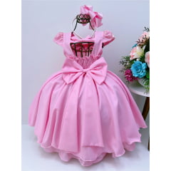 Vestido Infantil Rosa Renda e Aplique de Flores Pérolas