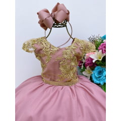Vestido Infantil Rosê Renda Dourada Cinto Strass Luxo