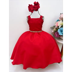 Vestido Infantil Vermelho Bolinhas Aplique Festa Strass Luxo