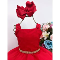 Vestido Infantil Vermelho Bolinhas Aplique Festa Strass Luxo