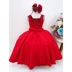 Vestido Infantil Vermelho Bolinhas Aplique Festa Strass Luxo