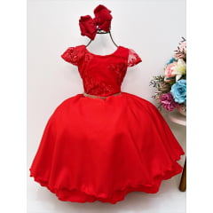 Vestido Infantil Vermelho C/ Renda Cinto Pérolas Luxo Damas