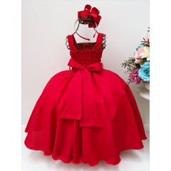 Vestido Infantil Vermelho com Laço C/ Bolinhas Luxo Festas