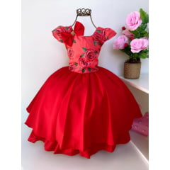 Vestido Infantil Vermelho Floral Luxo Laço Cabelo Princesas