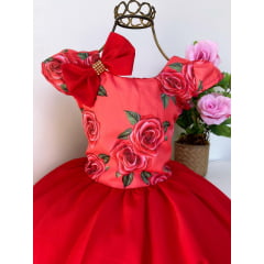Vestido Infantil Vermelho Floral Luxo Laço Cabelo Princesas
