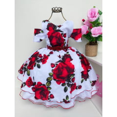 Vestido Infantil Vermelho Floral Manga Ciganinha Pérolas