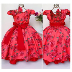 Vestido Infantil Vermelho Floral Princesa Luxo