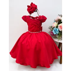 Vestido Infantil Vermelho Renda e Aplique de Flores Pérolas